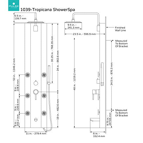 Tropicana ShowerSpa Panel with 10" Rain Showerhead - Brushed Stainless Steel Body & Fixtures, Seafoam Tempered Glass Panel, 2.5GPM - Rain Shower Head with Handheld Spray Wand, 6 Silk-Spray Jets, Spout - color: 2.5 GPM