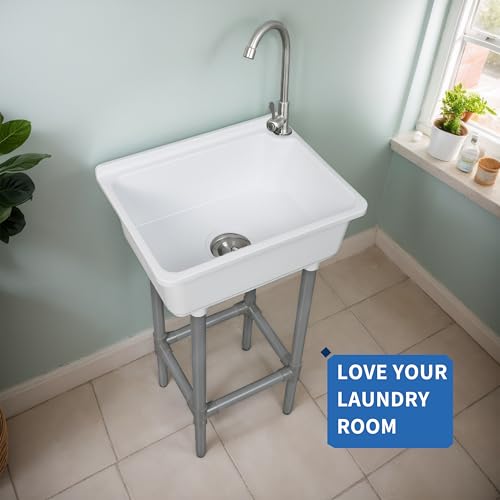 Freestanding Single Bowl Utility Sink, Kitchen Wall-Mounted Sink 16.9 x 12.8 Inch laundry tub With 1.26 faucet hole Plastic Sinks for Home Restaurant Dorm Garage Bathroom,Laundry slop sink (white) - color: White