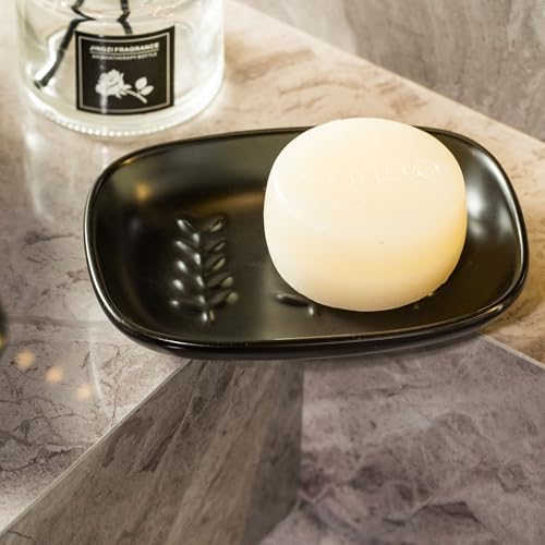 Miamolo Soap Dish for Bathroom, Bar Soap Holder for Shampoo Bars, Sponges | Raised Ridges Drain, Soap-Saving | Ceramic Build Dishwasher Safe | Fits 1-2 Large Bars | Bath Counter & Kitchen Sink, Black - color: Black, size: Leaf Design