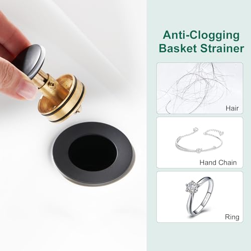 CREA Black Bathroom Drain Stopper, Pop Up Sink Drain with Overflow, Vessel Sink Drain Plug with Anti-Clogging Strainer, All Metal Stainless Steel - color: Black