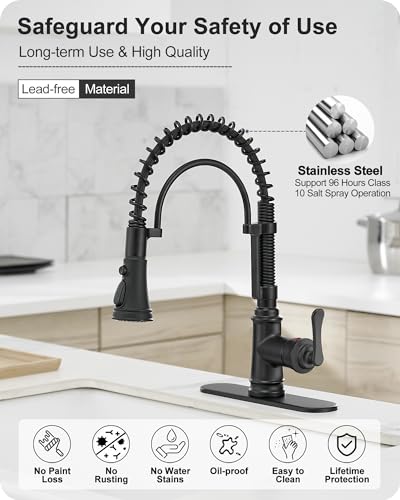 3-Function Kitchen Faucets with Pull Down Sprayer, 1 Hole or 3 Hole Kitchen Faucet Black, 1 Handle Kitchen Sink Faucets, 360 Degree Swivel Stainless Steel Faucet for Kitchen Sink with Deck Plate - color: Matte Black - Classic