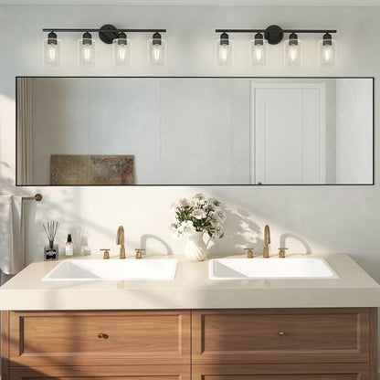 4 Light Bathroom Vanity Light Fixtures Black,Rustic Farmhouse Vanity Lighting Over Mirror Modern Industrial Lamp with Cylinder Glass Shade UL Certified - color: Matte Black, size: 4 Lights