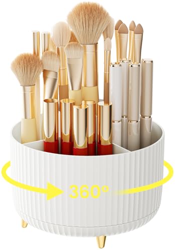 A-LuGei 【Elegant White】 5.9" Makeup Brush Holder Organizer, 【360° Rotating】 6 Slot Makeup Organizer Countertop, 【Minimalist Chic】 Vanity Organzier, Pen Holder for Desk Office Bathroom Desktop