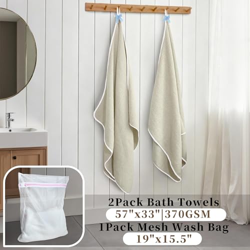 VOOVA & MOVAS Waffle Bathroom Towels 2 Pack, 100% Cotton, 57x33 in, Beige | Suitable for Bathroom & Shower Use, Built-in Hanging Loop, White Piping, Waffle Weave Construction - color: White Piping, size: 2PC Bath Towels (33"x57")
