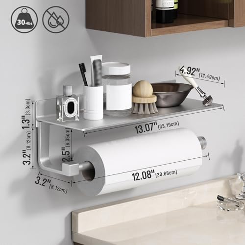 Wall Mount Paper Towel Holder with Shelf for Bathroom/Kitchen, Adhesive Hand Towel Holder, Matte Silver - color: Silver