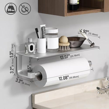 Wall Mount Paper Towel Holder with Shelf for Bathroom/Kitchen, Adhesive Hand Towel Holder, Matte Silver - color: Silver