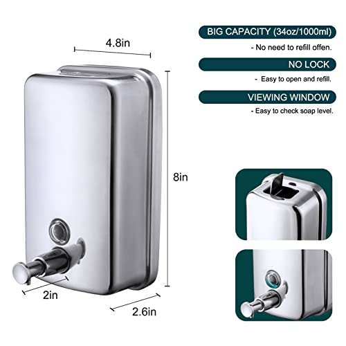 Commercial Soap Dispenser Wall Mount Stainless Steel, 34 fl.oz. | 1000ml Manual Liquid Pump Rust-Proof Leak Free for Bathroom - size: 34 fl oz