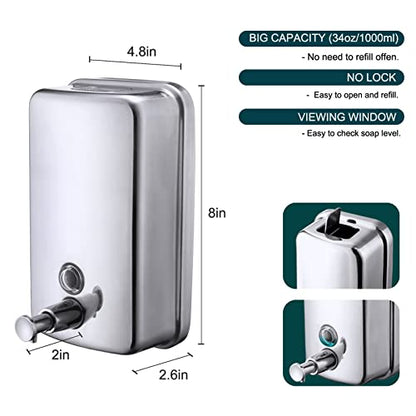 Commercial Soap Dispenser Wall Mount Stainless Steel, 34 fl.oz. | 1000ml Manual Liquid Pump Rust-Proof Leak Free for Bathroom - size: 34 fl oz
