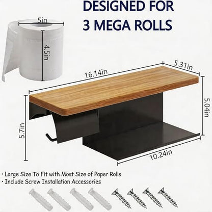 Toilet Paper Holder with Shelf - 2 Tier Wood Toilet Paper Holder Wall Mount for Bathroom, Rustic Natural Wood Double Toilet Paper Holder, Smart Bathroom Organizer with Shelf