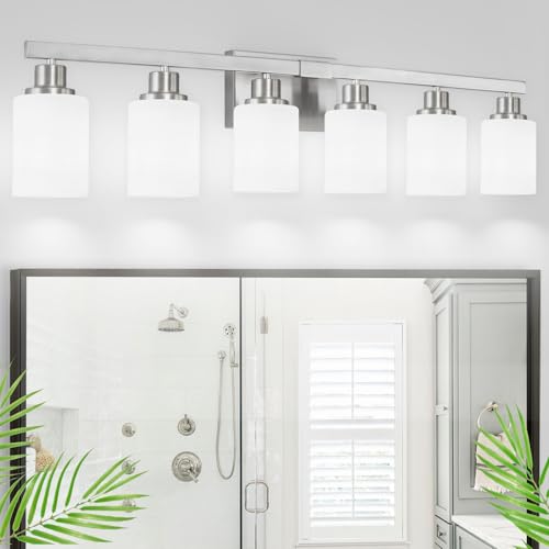 38" Bathroom Vanity Light, 6-Light Nickel Vanity Lights for Bathroom, Wall Sconce Lighting with Milky White Glass Shade, Wall Lights,Bath Vintage Wall Mounted Lamps for Mirror Bedroom - color: Nickel, size: 6-Light
