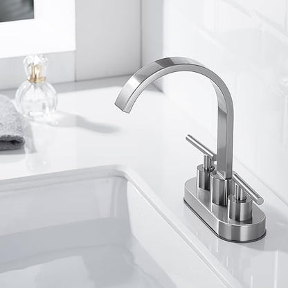 TRUSTMI Bathroom Faucet 3 Hole 4 Inch Centerset Sink Faucet with Overflow Pop Up Drain Assembly, 360 Degree Swivel Spout, Non-Rust Stainless Steel, Brushed Nickel - color: Brushed Nickel