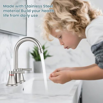 8 Inch Bathroom Faucet 3 Hole Nickel 2 Handle Bathroom Sink Faucet | Stainless Steel, 360° Swivel Spout, Widespread 2 Handle, Includes Pop-Up Drain,Water Supply Lines,Brushed Nickel - color: Brushed Nickel