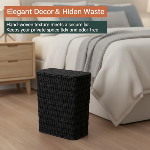 Coeusy 3 Gallon Paper Rope Bathroom Trash Can,Small Wicker Trash Cans with Lid and Liner,Woven Rattan Narrow Waste Basket for Bedroom,Office,Black - color: Black