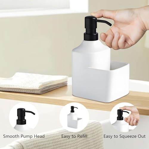 Gets Soap Dispenser White Ceramic Pump Bottle with Storage Holder | Countertop Liquid Hand Wash Bottle with Organizer Tray for Bathroom, Kitchen, Refillable Modern Dispenser for Vanity Sink - size: White With Sponge Holder