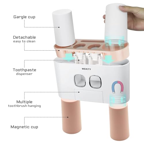 Toothbrush Holder Wall Mounted, WEKITY Multi-Functional Toothbrush and Toothpaste Dispenser for Bathroom, with 5 Toothbrush Slots, 2 Toothpaste Squeezers and 4 Cups(Pink) - color: Pink