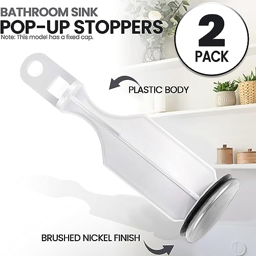 (2-Pack) Bathroom Sink Pop-Up Stoppers - with Brushed Nickel Finish - Fits Most Pop-Up stoppers Design 1-3/8” Cap Outer Diameter, 4-1/2 Overall Height - with 2 Mounting Holes and Gasket Seal