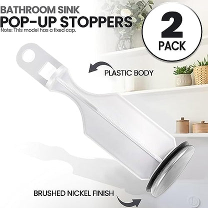 (2-Pack) Bathroom Sink Pop-Up Stoppers - with Brushed Nickel Finish - Fits Most Pop-Up stoppers Design 1-3/8” Cap Outer Diameter, 4-1/2 Overall Height - with 2 Mounting Holes and Gasket Seal