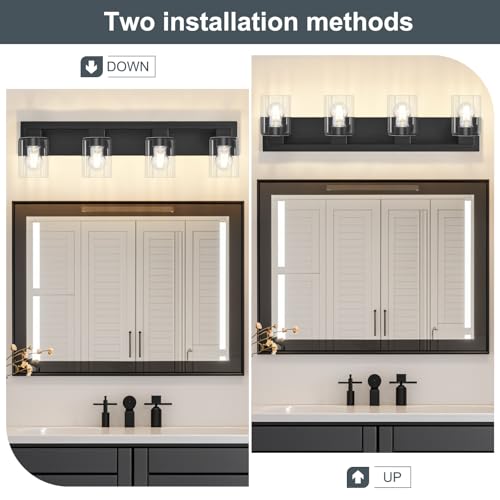 4-Light Matte Black Bathroom Light Fixtures, with Clear Glass Shade | 29.5 Inch Bathroom Lighting Fixtures Over Mirror, Modern Wall Light, bathroom vanity light E26 Socket, ETL - color: Black, size: 4-Light