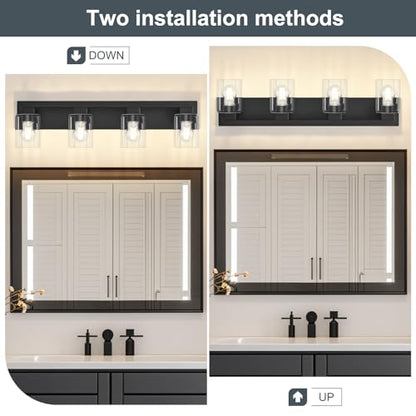4-Light Matte Black Bathroom Light Fixtures, with Clear Glass Shade | 29.5 Inch Bathroom Lighting Fixtures Over Mirror, Modern Wall Light, bathroom vanity light E26 Socket, ETL - color: Black, size: 4-Light