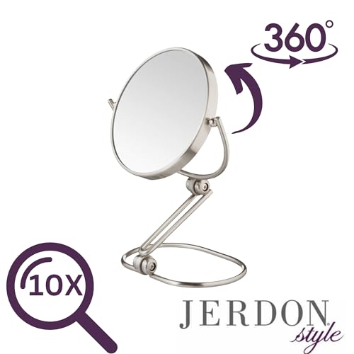 JERDON 5.5" Tabletop Makeup Mirror - 10X Magnification - Nickel - MC450N | Folding Compact for Travel, 1X Reverse Side, 10" Open Height - size: 1"L x 5.8"W