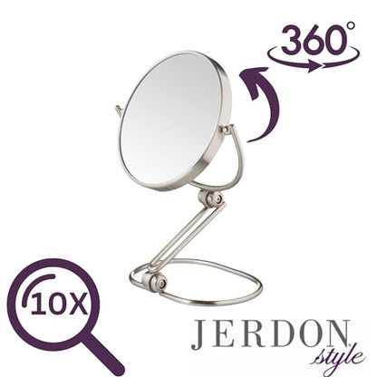 JERDON 5.5" Tabletop Makeup Mirror - 10X Magnification - Nickel - MC450N | Folding Compact for Travel, 1X Reverse Side, 10" Open Height - size: 1"L x 5.8"W