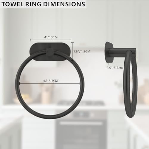 Self-Adhesive Towel Ring, No Drill Stainless Steel Round Hand Towel Holder, Rustproof Waterproof Towel Hanger with Strong Sticky Base, Modern Wall-Mounted Towel Loop for Bathroom Kitchen (Matte Black) - color: Matte Black