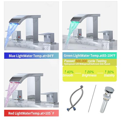 Bathroom faucets 3 Hole Widespread LED Light Bathroom Sink Faucet 8 inch Modern Bathroom Waterfall 3 Hole Vanity Chrome Faucet with Pop Up Drain(Chrome) - color: Chrome
