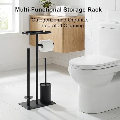 Stainless Steel Floor Standing Toilet Roll Paper Holder,Bathroom Toilet Brush and Paper Holder with Shelf and Wipe Holder (Toilet Paper Holder with Shelf)