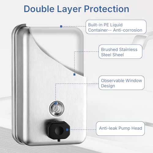 Pollock Commercial Soap Dispenser Wall Mounted 37oz,SUS304 Stainless Steel | Hand Soap Dsipenser Rust-Proof Leak Free 1100ML,Manual Liquid Pump Soap Dispenser for Bathroom Kitchen Office - color: Blk-1618-1100