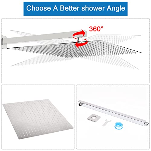 Shower Head with Extension Arm, High Pressure Square with ShowerArm, Stainless Steel Rainfall-Waterfall Full Body Coverage (16'' Shower with 20'' Arm, Chrome) - color: Chrome, size: 16'' Shower with 20'' Arm