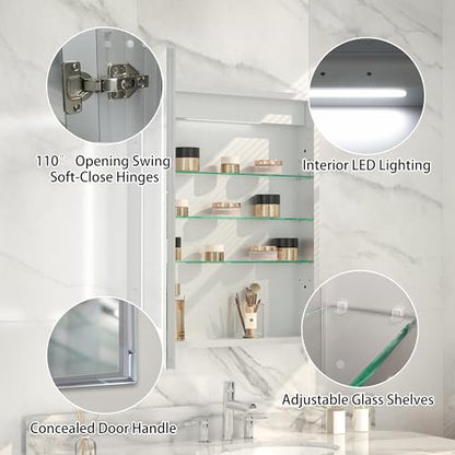 24 x 30" Wall-Mounted LED Bathroom Medicine Cabinet, Anti-Fog, 3 Color Temp | Surface-Mount/Recessed, Double-Sided Mirror Cabinet with DTC Silent-Close Hinges, Adjustable Tempered Glass Shelf - size: 24W x 30H Inch