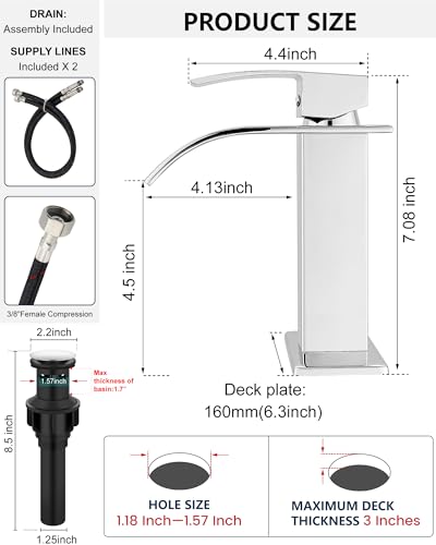 Midanya Waterfall Bathroom Faucet 1 Hole,Polish Chrome | with 24” Hoses,Pop Up Drain,6” Deck Plate,for 1 or 3 Hole Vanity,Lavatory,RV,Single Handle Bathroom Sink Faucet,NSF Certified - color: Chrome