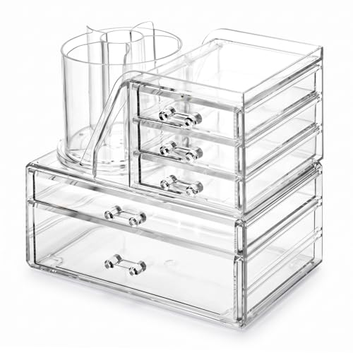 ShineMe Acrylic Makeup Organizers, 2 Tier Stackable Cosmetic Organizer for Vanity with 360° Rotating Makeup Brush Holder & 5 Drawers, Clear Hair Accessory Organizer Countertop for Dresser, Bathroom - size: 2tires, 5 drawers