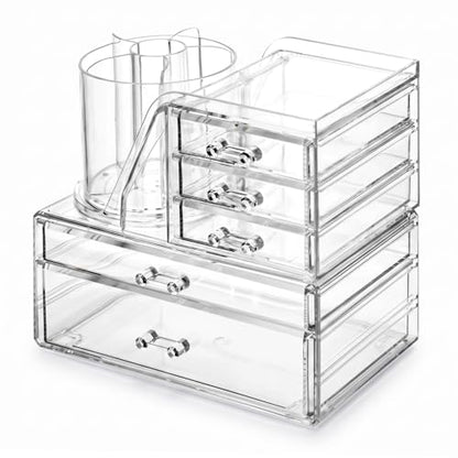 ShineMe Acrylic Makeup Organizers, 2 Tier Stackable Cosmetic Organizer for Vanity with 360° Rotating Makeup Brush Holder & 5 Drawers, Clear Hair Accessory Organizer Countertop for Dresser, Bathroom - size: 2tires, 5 drawers