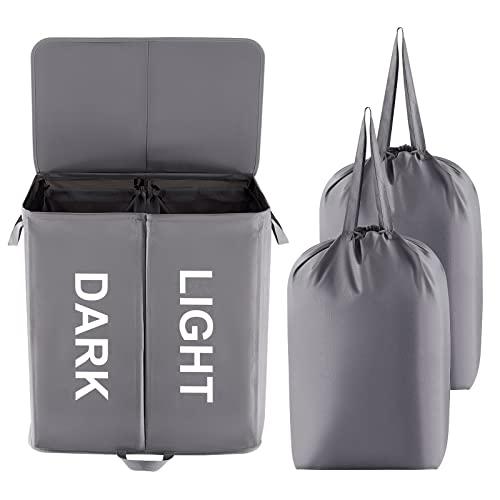Lifewit 136L Double Laundry Hamper with Lid and Removable Laundry Bags, Large Divided Hamper, Collapsible 2 Section Laundry Basket with Handles for Bedroom, Bathroom, College Dorm, Laundry Room, Grey - color: Grey