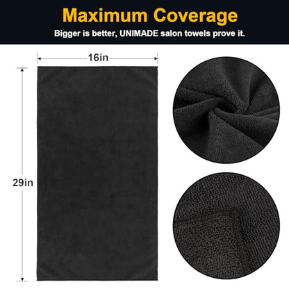 UNIMADE Salon Towels 24 Pack, Microfiber Barber Towels Bulk, (16x29 inches) Hair-Drying Cloth Super Soft Black Hand Cloth for Gym, Bath, Spa Use and Home Beauty Care(Not Bleach Proof) | (16x29 inches) Hair-Drying Cloth Super Soft Black Hand Cloth for Gym,