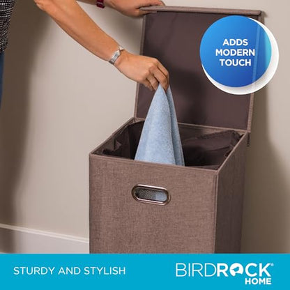 BirdRock Home Single Laundry Hamper with Lid and Removable Liner | Linen | Easily Transport Laundry | Foldable Hamper | Cut Out Handles - color: Brown, style: Single