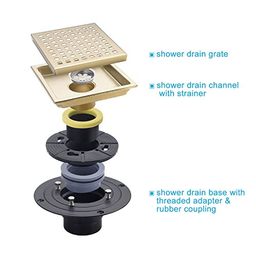 Brushed Gold Shower Drain Square，6 Inch SUS 304 Stainless Steel Removable Grid Strainer Cover,with Adjustable Drain Flange Kit Base PVC,Brass Finish