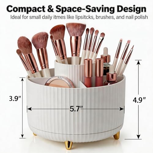 360 Rotating Makeup Brush Holder Organizer, 5-Slot White Spinning Cup for Women, Vanity Desk & Bathroom Storage for Cosmetics and Beauty Tools Accessories