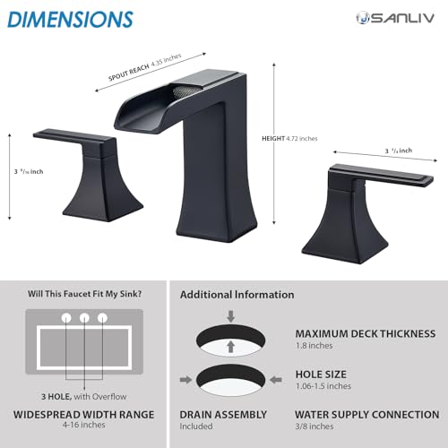 Black Waterfall Bathroom Faucet, Sanliv 3-Piece Widespread Bathroom Faucet for 3-Hole Sinks 4-8 inch, Modern 2-Handle Vanity Faucet with Pop-Up Drain, Matte Black - color: Matte Black
