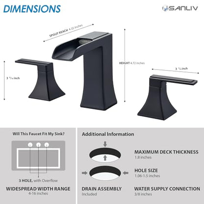 Black Waterfall Bathroom Faucet, Sanliv 3-Piece Widespread Bathroom Faucet for 3-Hole Sinks 4-8 inch, Modern 2-Handle Vanity Faucet with Pop-Up Drain, Matte Black - color: Matte Black