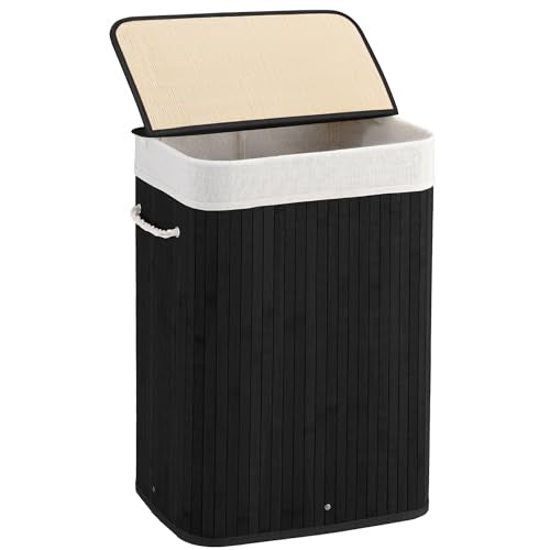 Aliphon 72L Slim Laundry Hamper with Lid, Foldable Bamboo Clothes Laundry Basket with Handles, Removable and Machine Washable Liner, for Bedroom, Bathroom, Dorm, Ink Black - color: Ink Black, size: 72L