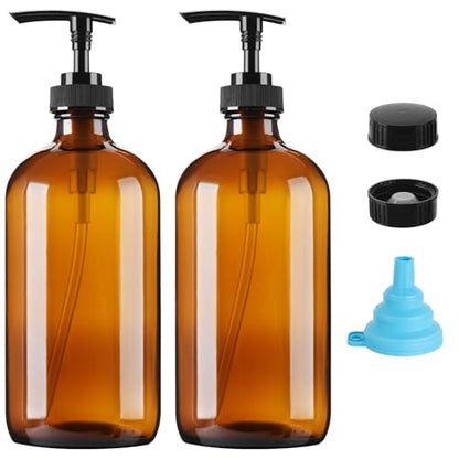 Vitreaux 16oz Amber Glass Soap Dispenser, 2 Pack Refillable Hand Soap Dispenser with Leak-Proof Pump, Brown Glass Bottle for Dish Soap, Lotion, Shampoo, Conditioner, Body Wash