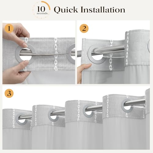 Grey Ringless Boho Striped Tassel Shower Curtain with Snap Liner 72x75 | Heavy Duty Linen Blend, 3 in 1 Shower Curtain Set, Farmhouse Style, Waterproof & Washable, Mesh Top Window, Easy to Install - color: Grey, size: 72"W x 75"L (Pack of 1)