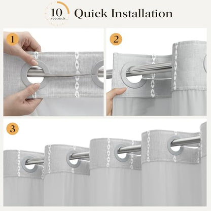 Grey Ringless Boho Striped Tassel Shower Curtain with Snap Liner 72x75 | Heavy Duty Linen Blend, 3 in 1 Shower Curtain Set, Farmhouse Style, Waterproof & Washable, Mesh Top Window, Easy to Install - color: Grey, size: 72"W x 75"L (Pack of 1)