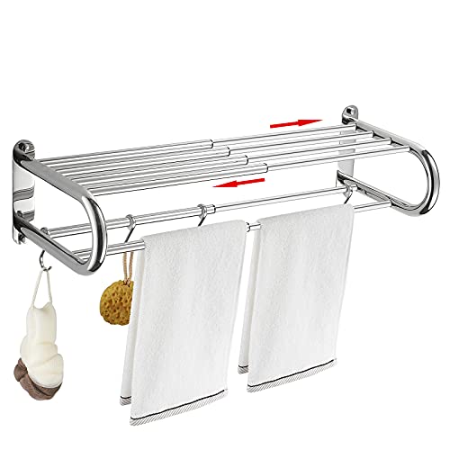 Adjustable Bathroom Towel Rack with Shelf, Towel Bar, Chrome | 15-25 Inch Lavatory Double Towel Bar, Hotel Style Rod with 4 Hooks, Multifunction Towel Holder Wall Mount, Stainless Steel - color: Chrome