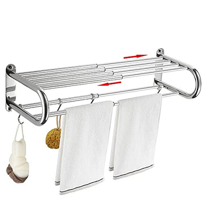 Adjustable Bathroom Towel Rack with Shelf, Towel Bar, Chrome | 15-25 Inch Lavatory Double Towel Bar, Hotel Style Rod with 4 Hooks, Multifunction Towel Holder Wall Mount, Stainless Steel - color: Chrome
