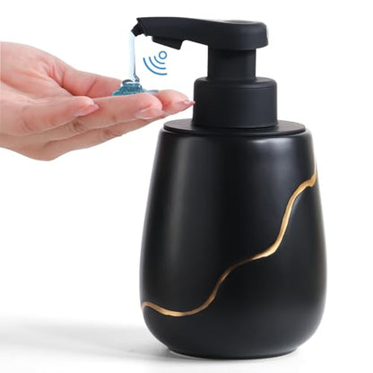BosilunLife Rechargeable Auto Touchless Liquid Soap Dispenser 17oz Ceramic | With Elegant Golden Curved Line.With Waterproof Pump,Touch-Free Sensing.17oz Dish Soap For Kitchen And Bathroom，Black - color: Black, style: Liquid Pump