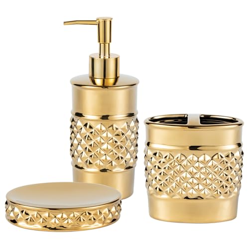 3-Piece Gold Ceramic Bathroom Accessories Set - Luxurious Soap Dispenser, Toothbrush Holder & Soap Dish with Modern Geo Embossed Design for Bathroom Accessory Set - color: Gold 022