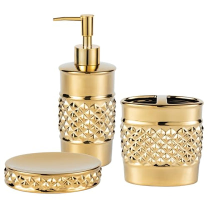 3-Piece Gold Ceramic Bathroom Accessories Set - Luxurious Soap Dispenser, Toothbrush Holder & Soap Dish with Modern Geo Embossed Design for Bathroom Accessory Set - color: Gold 022